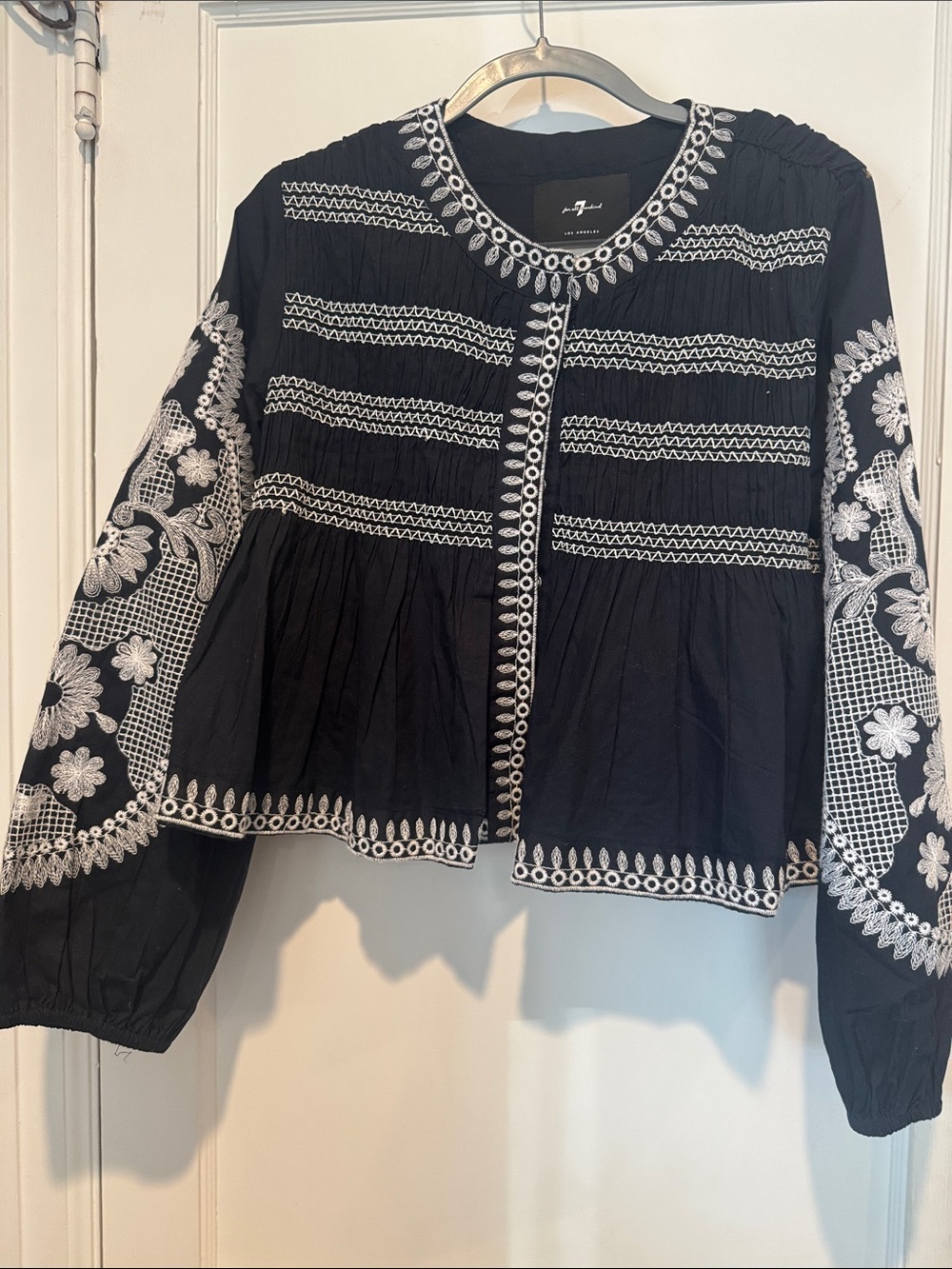 7 For All Mankind Black Tunic Blouse with White Embroidery